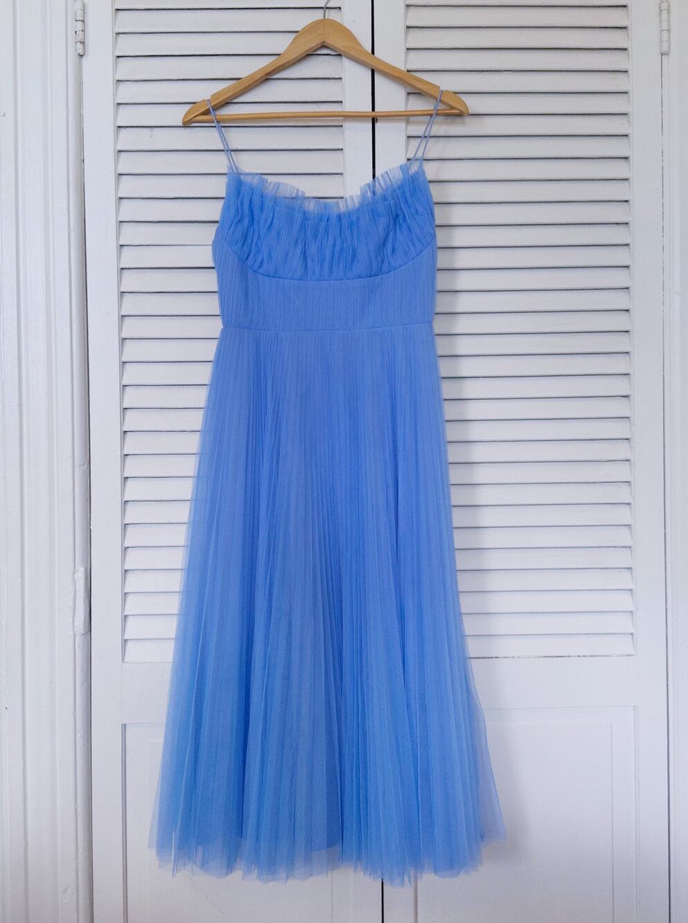 ML Monique Lhuillier Tulle Square Neckline Midi Length Dress Light Blue, sz S/2